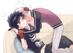 Rule 34 | 2boys, black hair, blush, boy on top, commentary request, embarrassed, faceless, faceless male, flustered, from side, hands on another&#039;s face, highres, imminent kiss, implied yaoi, kemono jihen, kusaka kabane, looking at another, male focus, multiple boys, nervous, open mouth, profile, shy, tademaru shiki, wao (77 af5)