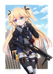 Rule 34 | 1girl, :o, ammunition, black gloves, black pantyhose, black ribbon, blonde hair, blue eyes, blue jacket, blush, building, commentary request, day, fingerless gloves, girls&#039; frontline, gloves, grey shirt, grey shorts, gun, hair between eyes, hair ribbon, hand up, harada (sansei rain), highres, holding, holding gun, holding weapon, jacket, knee pads, pantyhose under shorts, long hair, long sleeves, looking away, looking to the side, name connection, object namesake, official alternate costume, open clothes, open jacket, pantyhose, parted lips, ribbon, serbu super-shorty, shirt, short shorts, shorts, shotgun, shotgun shell, skyscraper, solo, super-shorty (bad cop for life) (girls&#039; frontline), super-shorty (girls&#039; frontline), trigger discipline, two side up, very long hair, weapon