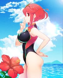 Rule 34 | 1girl, armor, ass, beach, black one-piece swimsuit, breasts, competition swimsuit, covered navel, day, earrings, fingerless gloves, from side, gem, gloves, green322, headpiece, highres, jewelry, large breasts, looking at viewer, nintendo, one-piece swimsuit, pyra (pro swimmer) (xenoblade), pyra (xenoblade), red eyes, red hair, short hair, shoulder armor, solo, swept bangs, swimsuit, tiara, water, xenoblade chronicles (series), xenoblade chronicles 2
