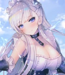 Rule 34 | 1girl, apron, azur lane, bad id, bad twitter id, belfast (azur lane), blue eyes, blue sky, blush, braid, breasts, chain, choker, cleavage, close-up, closed mouth, clothes lift, cloud, collarbone, day, dress, dress lift, elbow gloves, floating hair, french braid, frilled gloves, frilled sleeves, frills, gauntlets, gloves, hanato (seonoaiko), head tilt, highres, large breasts, light particles, long hair, looking at viewer, maid, maid headdress, outdoors, shiny skin, sidelocks, silver hair, sky, smile, solo, sparkle, splashing, water, water drop, white gloves
