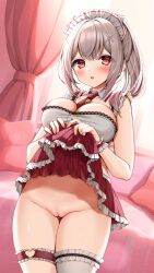 Rule 34 | 1girl, absurdres, blush, breasts, bridal garter, cleft of venus, clothes lift, curtains, hair ornament, hairclip, highres, indie virtual youtuber, indoors, large breasts, looking at viewer, maid headdress, motage illust, no panties, pussy, red eyes, second-party source, skirt, skirt lift, solo, tenka dolce, thighs, virtual youtuber, white hair