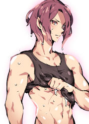 Rule 34 | 10s, 1boy, abs, free!, ge-b, male focus, matsuoka rin, muscular, pectorals, red eyes, red hair, short hair, solo, tank top, toned, wet, wet clothes, wringing clothes