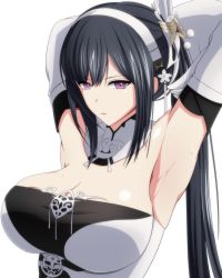 Rule 34 | 1girl, armpits, arms behind head, arms up, azur lane, black hair, breasts, chen hai (azur lane), cleavage, elbow gloves, gloves, hairband, large breasts, long hair, looking at viewer, makiri akira, ponytail, purple eyes, simple background, solo, upper body, white background, white gloves, white hairband