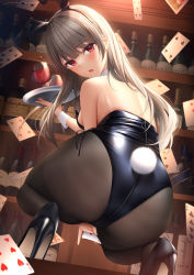 Rule 34 | 1girl, :o, ace (playing card), ace of hearts, alcohol, animal ears, ass, bad id, bad pixiv id, bar (place), bare back, bare shoulders, black leotard, black pantyhose, blunt bangs, blush, bottle, breasts, card, club (shape), cup, detached collar, diamond (shape), drinking glass, ear piercing, fake animal ears, fake tail, five of clubs, five of diamonds, five of spades, four of clubs, grey hair, heart, high heels, highres, holding, holding card, holding tray, jack (playing card), jack of hearts, leotard, long hair, looking at viewer, looking back, mhru, nail polish, nine of clubs, open mouth, original, pantyhose, piercing, playboy bunny, playing card, queen (playing card), queen of diamonds, rabbit ears, rabbit tail, red eyes, seven of clubs, shelf, side-tie leotard, sideboob, signature, six of hearts, sleeveless, solo, spade (shape), squatting, tail, thighband pantyhose, three of diamonds, three of spades, tray, two of hearts, wine, wine bottle, wine glass, wrist cuffs, zipper pull tab