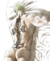 Rule 34 | 1boy, alexander anderson, ass, cross, hellsing, male focus, nude, solo, tattoo, white background