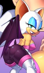 Rule 34 | 1girl, ass, ass focus, bat wings, boots, breasts, covered erect nipples, gloves, green eyes, large breasts, looking at viewer, multiple views, rouge the bat, slappy frog, sonic (series), thigh boots, white footwear, white gloves, wings