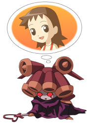 Rule 34 | 1girl, brown hair, cloak, fossilkat, looking at viewer, mecha, medarot, multiple views, open mouth, prostration, red eyes, robot, smile, thought bubble, wand