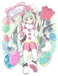 Rule 34 | 1girl, :d, animal ear hairband, animal ears, blue flower, blush, boots, bow, commentary, detached sleeves, dress, easter egg, egg, fake animal ears, flower, full body, green eyes, green hair, hairband, happy easter, hatsune miku, head tilt, highres, long hair, long sleeves, looking at viewer, open mouth, pantyhose, pink bow, pink pantyhose, rabbit ear hairband, rabbit ears, red flower, shoe soles, smile, solo, striped, striped bow, tsukiyo (skymint), twintails, very long hair, vocaloid, white dress, white flower, white footwear, white hairband, white sleeves