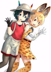 Rule 34 | 10s, 2girls, animal ears, backpack, bag, bare shoulders, belt, black hair, blonde hair, blue eyes, bow, bowtie, collarbone, commentary request, elbow gloves, extra ears, feathers, fukushima masayasu, gloves, holding hands, helmet, high-waist skirt, highres, kaban (kemono friends), kemono friends, multicolored hair, multiple girls, pantyhose, pantyhose under shorts, pith helmet, serval (kemono friends), serval print, shirt, short hair, short sleeves, shorts, skirt, sleeveless, t-shirt, thighhighs, waving, yellow eyes, zettai ryouiki