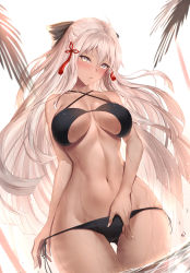 Rule 34 | 1girl, absurdres, ahoge, bare shoulders, bikini, black bikini, black bow, blush, bow, breasts, cleavage, collarbone, dark-skinned female, dark skin, fate/grand order, fate (series), female focus, fingernails, gluteal fold, hair between eyes, hair bow, hair ornament, half updo, halterneck, has bad revision, has downscaled revision, highres, large breasts, limeblock, long hair, looking at viewer, md5 mismatch, navel, okita souji (fate), okita souji alter (fate), parted lips, resolution mismatch, side-tie bikini bottom, silver hair, skindentation, solo, source smaller, standing, string bikini, swimsuit, tassel, type-moon, very long hair, wading, water, wet, yellow eyes