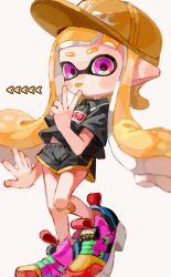 Rule 34 | 1girl, :p, absurdres, arrow (symbol), baseball cap, black shorts, commentary request, full body, hat, highres, inkling, inkling girl, inkling player character, long hair, multicolored footwear, myon rio, nintendo, orange hair, orange hat, pink eyes, pointy ears, shoes, short shorts, shorts, simple background, solo, splatoon (series), standing, tentacle hair, tongue, tongue out, v, white background, yellow trim