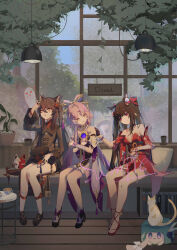 Rule 34 | 3girls, absurdres, animal, animal ear fluff, animal ears, bare shoulders, black gloves, black hat, black nails, black shorts, boo tao (genshin impact), bow-shaped hair, breasts, brown hair, cafe, cat, cat tail, choker, closed mouth, coattails, coffee, coffee mug, collared coat, commentary, company connection, critter pick (honkai: star rail), cup, detached sleeves, dress, flower, flower-shaped pupils, forehead jewel, fox mask, fu xuan (honkai: star rail), genshin impact, gloves, hair ornament, hair rings, hair stick, halterneck, hat, hat tassel, high heels, highres, honkai: star rail, honkai (series), hu tao (genshin impact), indoors, jewelry, long hair, long sleeves, low twintails, mask, mihoyo, mug, multiple girls, multiple rings, open mouth, pantyhose, parted bangs, pillow, pink eyes, pink hair, plant, porkpie hat, potted plant, qixia, red dress, red eyes, ring, shorts, sitting, smile, socks, sparkle (honkai: star rail), symbol-shaped pupils, table, tail, tailcoat, twintails, unworn headwear, very long hair, white pantyhose, white socks, yellow eyes