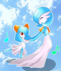 Rule 34 | 2girls, ^ ^, alternate color, blue hair, blue skin, blue sky, bob cut, closed eyes, closed mouth, cloud, colored skin, creatures (company), female focus, flat chest, from side, full body, game freak, gardevoir, gen 3 pokemon, hair over one eye, hands up, happy, holding hands, kirlia, leg up, long hair, multicolored skin, multiple girls, musical note, nintendo, outline, pokemon, pokemon (creature), red eyes, rorosuke, shiny pokemon, short hair, sideways mouth, sky, smile, standing, standing on one leg, two-tone skin, white outline, white skin