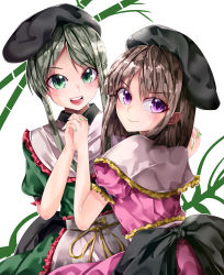 Rule 34 | 2girls, absurdres, apron, back bow, black bow, black headwear, bow, brown hair, closed mouth, commentary request, dress, frilled apron, frilled dress, frills, from behind, green dress, green eyes, green hair, hat, highres, looking at viewer, looking back, mahoro (minase mahoro), multiple girls, nail polish, nishida satono, open mouth, pink dress, pink eyes, puffy short sleeves, puffy sleeves, ribbon, short sleeves, smile, tate eboshi, teeth, teireida mai, touhou, upper teeth only, v-shaped eyebrows, waist apron, white apron, yellow ribbon