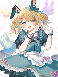 Rule 34 | 1girl, animal ear fluff, animal ears, balloon, blonde hair, bow, dress, green bow, green dress, grey eyes, hair bow, heart, heart hands, highres, indie virtual youtuber, light blush, looking at viewer, magical girl alto, open mouth, rabbit ears, rabbit girl, short sleeves, smile, solo, sorani (kaeru0768), teeth, two side up, upper teeth only, virtual youtuber, wrist cuffs