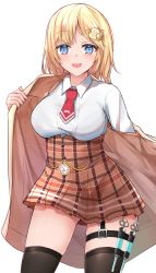 Rule 34 | 1girl, :d, black thighhighs, blonde hair, blue eyes, breasts, brown jacket, brown skirt, contrapposto, cowboy shot, hair ornament, highres, hololive, hololive english, jacket, large breasts, looking at viewer, necktie, open mouth, plaid, plaid skirt, pocket watch, red necktie, removing jacket, shirt, short hair, shuuzo3, simple background, skirt, smile, solo, standing, syringe, thighhighs, virtual youtuber, watch, watson amelia, watson amelia (1st costume), white background, white shirt