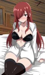 Rule 34 | 1girl, absurdres, bed, blush, breasts, erza scarlet, fairy tail, highres, indexryo, large breasts, long hair, pantyhose, red eyes, smile