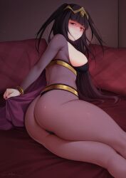 Rule 34 | 1girl, ass, bangle, black eyes, black hair, black nails, blunt bangs, bodystocking, bracelet, breasts, cape, circlet, closed mouth, commentary, feet out of frame, fire emblem, fire emblem awakening, half-closed eyes, highres, jewelry, large breasts, light smile, long hair, looking at viewer, lying, nail polish, nintendo, on bed, on side, pillow, purple cape, shaded face, sideboob, signature, skin tight, solo, textless version, tharja (fire emblem), two side up, unsfrau
