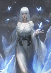 Rule 34 | 1girl, bare shoulders, blue eyes, breasts, bug, butterfly, cleavage, glowing, hime cut, ice, bug, japanese clothes, kimono, large breasts, long hair, looking at viewer, nioh, pale skin, phamoz, side slit, silver hair, solo, standing, wide sleeves, yuki-onna (nioh)