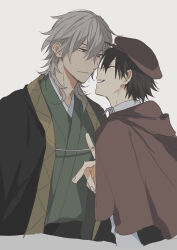 Rule 34 | 2boys, absurdres, azuki (aduki), black hair, brown capelet, brown hat, bungou stray dogs, capelet, closed eyes, closed mouth, collared shirt, commentary request, edogawa ranpo (bungou stray dogs), facing another, fukuzawa yukichi (bungou stray dogs), green kimono, grey background, grey eyes, grey hair, hair between eyes, haori, hat, highres, jacket, japanese clothes, kimono, long sleeves, looking at another, male focus, medium hair, multiple boys, shirt, short hair, simple background, smile, yaoi, yukata