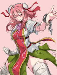 Rule 34 | 1girl, bandaged arm, bandaged leg, bandages, bun cover, chain, chinese clothes, clenched hand, cowboy shot, cuffs, double bun, fighting stance, flower, grin, hair between eyes, hair bun, hand up, highres, ibaraki kasen, long hair, looking at viewer, maron (kagamikunn), pink background, pink eyes, pink flower, pink hair, pink rose, puffy short sleeves, puffy sleeves, rose, shackles, shirt, short sleeves, simple background, sketch, skirt, smile, solo, tabard, thighhighs, touhou, zettai ryouiki