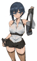 Rule 34 | 1girl, bag, bare shoulders, black gloves, black hair, black shorts, blue eyes, blue hair, breasts, brown thighhighs, closed mouth, collared shirt, elbow gloves, fingerless gloves, gloves, hair between eyes, highres, holding, large breasts, las91214, looking at viewer, original, pouch, shirt, short hair, short shorts, shorts, simple background, sleeveless, sleeveless shirt, smile, solo, standing, thighhighs, weapon, wet, wet clothes, white background, white shirt