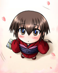 Rule 34 | 1girl, blush, brown eyes, brown hair, cherry blossoms, japanese clothes, kimono, kurame, kusari hime: euthanasia, looking up, lowres, bento, petals, slit pupils, solo