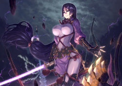 Rule 34 | 1girl, absurdres, armor, axe, black gloves, bodysuit, bow (weapon), breasts, covered navel, fate/grand order, fate (series), fingerless gloves, gloves, glowing, glowing sword, glowing weapon, highres, holding, holding sword, holding weapon, japanese armor, kote, large breasts, long hair, low-tied long hair, minamoto no raikou (fate), parted bangs, purple bodysuit, purple eyes, purple hair, ribbed sleeves, rope, solo, standing, suneate, sword, tabard, very long hair, weapon, yasu (segawahiroyasu)