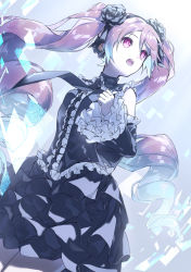 Rule 34 | 1girl, black dress, black flower, black hairband, black necktie, blue hairband, commentary, detached sleeves, dress, flower, frilled dress, frilled sleeves, frills, from below, gradient hair, hair flower, hair ornament, hairband, hatsune miku, hatsune miku no gekishou (vocaloid), headphones, highres, hologram, infinity (module), long hair, long sleeves, multicolored hair, music, necktie, open mouth, pink hair, purple hair, singing, solo, symbol-only commentary, twintails, very long hair, vocaloid, yohki