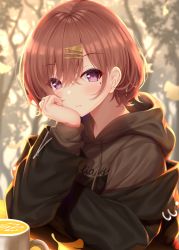 Rule 34 | 1girl, bare tree, black jacket, blurry, blurry background, blush, brown hair, brown hoodie, closed mouth, commentary request, cup, depth of field, drawstring, ginkgo leaf, hair between eyes, hair ornament, hairclip, higuchi madoka, hood, hood down, hoodie, idolmaster, idolmaster shiny colors, jacket, leaf, long sleeves, looking at viewer, mole, mole under eye, mug, off shoulder, open clothes, open jacket, puffy long sleeves, puffy sleeves, purple eyes, short hair, solo, tree, upper body, yunagi amane