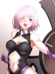 Rule 34 | 1girl, :d, black leotard, blush, breasts, cleavage, cleavage cutout, clothing cutout, collarbone, elbow gloves, fate/grand order, fate (series), gloves, gradient background, hair between eyes, leotard, makka na kedamono, mash kyrielight, medium breasts, midriff, navel, open mouth, pink hair, purple eyes, purple gloves, short hair, skin tight, smile, solo, standing, stomach, stomach cutout, upper body, white background