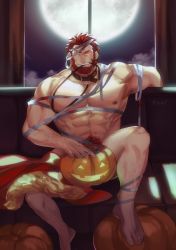 Rule 34 | 1boy, abs, bandages, bara, beard, blood, cape, censored, facial hair, fate/zero, fate (series), halloween, highres, icelernd, iskandar (fate), jack-o&#039;-lantern, large pectorals, looking at viewer, male focus, moon, muscular, nipples, pectorals, pumpkin, red eyes, red hair, smile, solo, veins
