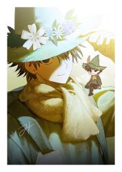 Rule 34 | 2boys, backpack, bag, black eyes, black footwear, black hair, boots, closed mouth, coat, commentary, commentary request, crossed legs, dual persona, flower, green coat, green headwear, hand on headwear, hat, hat feather, hat flower, highres, holding strap, humanization, jextor, korean commentary, light, light smile, looking at viewer, male focus, mini person, miniboy, moomin, multiple boys, on shoulder, scarf, short hair, signature, sitting, sitting on shoulder, snufkin, symbol-only commentary, upper body