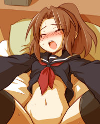 Rule 34 | 1girl, bad id, bad pixiv id, bad source, bed, black serafuku, black thighhighs, blue shirt, blush, borrowed character, bottomless, brown hair, censored, closed eyes, clothes lift, hair intakes, ikune juugo, implied sex, legs up, long sleeves, lying, midriff, minabe tetsumi, missionary, navel, neckerchief, on back, on bed, open mouth, out-of-frame censoring, outstretched arms, pillow, ponytail, pov, red neckerchief, school uniform, serafuku, shirt, shirt lift, solo, sweat, teeth, thighhighs, upper teeth only