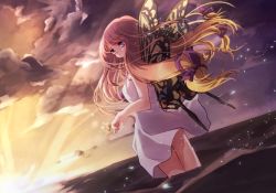 Rule 34 | 1girl, blonde hair, bow, bug, butterfly, butterfly wings, cloud, dress, dutch angle, floating hair, gradient hair, hair bow, hair ornament, hair ribbon, highres, insect, insect wings, long hair, looking back, multicolored hair, ocean, original, purple eyes, ribbon, shinomiya shizuru, skirt, sky, sleeveless, solo, sundress, sunset, wading, water, white dress, white skirt, wings