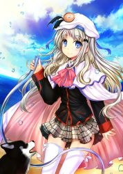 Rule 34 | 1girl, blue eyes, blush, bow, bowtie, cape, cloud, cloudy sky, day, dog, hat, hose, jianren, key (company), little busters!, long hair, looking at viewer, noumi kudryavka, pink bow, plaid, plaid skirt, school uniform, silver hair, skirt, sky, smile, solo, thighhighs, water drop, white thighhighs