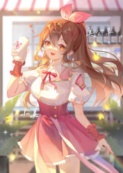 Rule 34 | 1girl, absurdres, animal ears, bare back, bottle, brown hair, bug, butterfly, douluo dalu, glowing butterfly, hair ornament, hair ribbon, highres, insect, long hair, mei gongzi (douluo dalu), open mouth, paw print, pink skirt, ponytail, qingqing xiao wu 9785, rabbit ears, ribbon, shirt, short sleeves, skirt, solo, sparkle, teeth, upper body, upper teeth only, white shirt, xiao wu (douluo dalu)