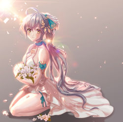Rule 34 | 1girl, ahoge, armband, bouquet, breasts, cleavage, ezu (leejiyu), flower, jewelry, long hair, lots of jewelry, necklace, original, ponytail, silver hair, simple background, sitting, smile, solo, thighs, very long hair, yellow eyes