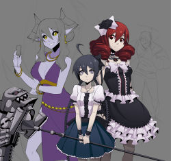 Rule 34 | 3girls, :&lt;, ahoge, alternate costume, alternate hairstyle, bangle, black hair, black sclera, blue eyes, bracelet, braid, breasts, choker, chuunioniika, cleavage, colored sclera, colored skin, cup, demon girl, demon horns, drill hair, drill kill, drinking glass, earrings, fearless night, fernandez (fearless night), flat chest, frills, height difference, hell princess, highres, horns, jewelry, md5 mismatch, multiple girls, necklace, original, pearl necklace, poco muerte, pointy ears, purple skin, red eyes, red hair, scythe, skirt, smile, twin braids, updo, wine glass, unfinished, wrist cuffs, yellow eyes