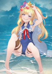 Rule 34 | 1girl, blonde hair, cagliostro (granblue fantasy), cagliostro (summer) (granblue fantasy), flower, granblue fantasy, hair ornament, hairband, highres, long hair, one-piece swimsuit, purple eyes, sitting, solo, spiked hairband, spikes, swimsuit, thigh strap, tiara, yunar