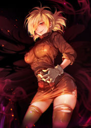 Rule 34 | 1girl, amputee, blonde hair, breasts, caesty, gloves, grin, hair over one eye, hellsing, large breasts, miniskirt, nose, red eyes, seras victoria, short hair, skirt, sleeves rolled up, smile, smoke, solo, thighhighs, torn clothes, torn thighhighs, uniform, vampire, white gloves, zettai ryouiki