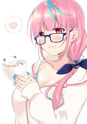 Rule 34 | 1girl, alternate costume, alternate hairstyle, anchor hair ornament, aqua hair, aqua nails, blue-framed eyewear, blue ribbon, blush, breasts, cleavage, closed mouth, commentary, cup, glasses, hair ornament, hair ribbon, heart, highres, hololive, lips, long hair, looking at viewer, medium breasts, minato aqua, multicolored hair, nail polish, pink eyes, pink hair, ponytail, ribbon, simple background, sleeves past wrists, smile, solo, spoken heart, streaked hair, sweater, two-tone hair, upper body, virtual youtuber, white background, white sweater, yukino (yukinosora1126)