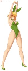 Rule 34 | 1girl, absurdres, alternate costume, animal ear hairband, animal ears, arms (game), arms up, bare shoulders, blonde hair, blunt bangs, bob cut, bow, bowtie, breasts, commentary, covered navel, detached collar, english commentary, fake animal ears, fake tail, full body, green eyes, high heels, highleg, highleg leotard, highres, leotard, looking at viewer, mask, min min (arms), nintendo, patreon logo, patreon username, playboy bunny, rabbit ear hairband, rabbit ears, rabbit tail, short hair, solo, strapless, strapless leotard, stretching, super smash bros., tail, traditional bowtie, watermark, web address, white background, wrist cuffs, zelc-face