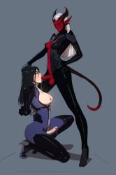 Rule 34 | 2futa, arms behind back, black bodysuit, black hair, black sclera, blue bodysuit, bodysuit, bound, bound arms, box tie, breasts, breasts out, colored sclera, colored skin, commentary, demon girl, english commentary, fellatio, femdom, from side, full body, futa with futa, futanari, grey background, hand on another&#039;s head, hand on own hip, high heels, highres, hooves, horns, irrumatio, kneeling, large breasts, long hair, looking at another, medium breasts, multiple futa, multiple penises, nipples, on one knee, oral, original, penis, penis out, pointy ears, precum, red skin, simple background, tail, tarakanovich, testicles, uncensored, white hair, yuna (tarakanovich)