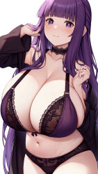 Rule 34 | 1girl, absurdres, black panties, blush, bra, breasts, cleavage, closed mouth, detached sleeves, fern (sousou no frieren), highres, huge breasts, kannko bokujou, long hair, long sleeves, looking at viewer, navel, panties, purple eyes, purple hair, simple background, smile, solo, sousou no frieren, standing, underwear, white background