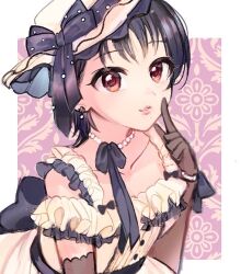 Rule 34 | 1girl, :o, black gloves, black hair, blush, collarbone, dress, elbow gloves, finger to mouth, frilled dress, frills, gloves, idolmaster, idolmaster cinderella girls, jewelry, looking at viewer, matsubara saya, necklace, off-shoulder dress, off shoulder, patterned background, pearl necklace, qqkhoropp, red eyes, shushing, solo, tilted headwear, upper body