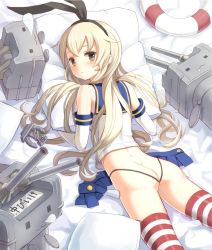 Rule 34 | 10s, 1girl, :&lt;, :3, anchor, ass, black panties, blonde hair, blush, brown eyes, butt crack, elbow gloves, gloves, hair ornament, hair ribbon, highres, k do, kantai collection, lifebuoy, long hair, looking at viewer, looking back, lying, on stomach, open clothes, open skirt, panties, personification, pillow, rensouhou-chan, ribbon, sailor collar, shimakaze (kancolle), skirt, solo, striped clothes, striped thighhighs, swim ring, thighhighs, underwear, white gloves