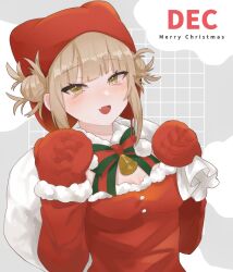 Rule 34 | 1girl, bag, bags under eyes, bell, blonde hair, blush, boku no hero academia, bow, bowtie, breasts, buttons, christmas, cleavage, double bun, dress, fang, gift bag, gloves, grey background, hair bun, hat, highres, medium breasts, merry christmas, messy hair, mittens, open mouth, red mittens, sakura (same-chan), santa costume, santa dress, santa gloves, santa hat, simple background, skin fang, slit pupils, solo, toga himiko, yellow eyes