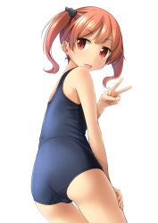 Rule 34 | 1girl, ass, blue one-piece swimsuit, brown hair, cat hair ornament, cowboy shot, from behind, hair ornament, highres, looking at viewer, looking back, one-piece swimsuit, original, red eyes, school swimsuit, shibacha, short hair, simple background, solo, swimsuit, tongue, tongue out, twintails, twisted torso, v, white background