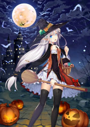 Rule 34 | 1girl, abusoru, animal, bare tree, basket, bat (animal), blue eyes, broom, building, candy, cane, castle, cloud, cloudy sky, detached sleeves, food, frills, from behind, full moon, hair between eyes, halloween, halloween costume, hat, holding, jack-o&#039;-lantern, lollipop, looking at viewer, looking back, low ponytail, makeup, moon, night, night sky, open mouth, original, outdoors, plant, pleated skirt, pointy ears, pumpkin, road, single, skirt, sky, smile, solo, sweets, thighhighs, tree, trick or treat, vegetable, white hair, wide sleeves, witch, witch hat, zettai ryouiki